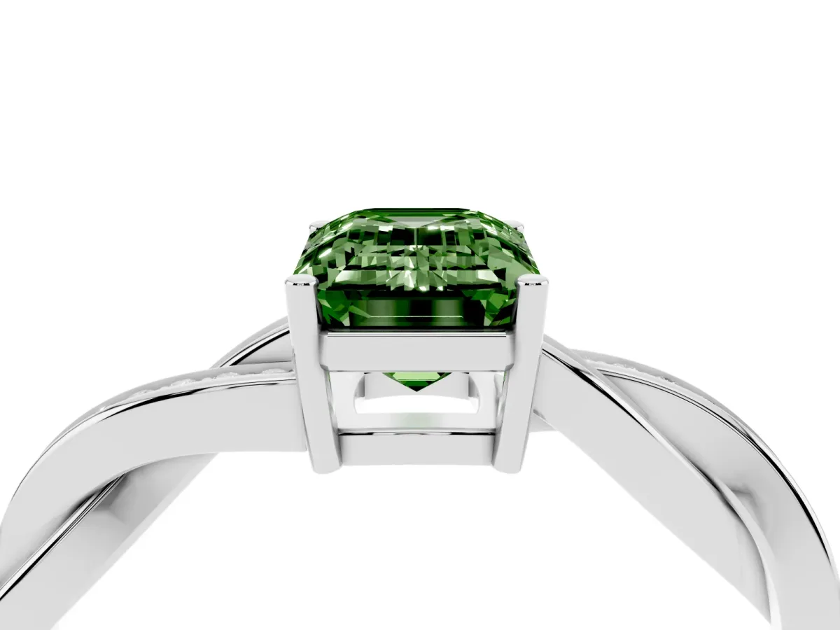 Fancy Green Emerald Cut Solitaire Twisted Pave Diamond Ring with Four-Prong Setting Platinum
