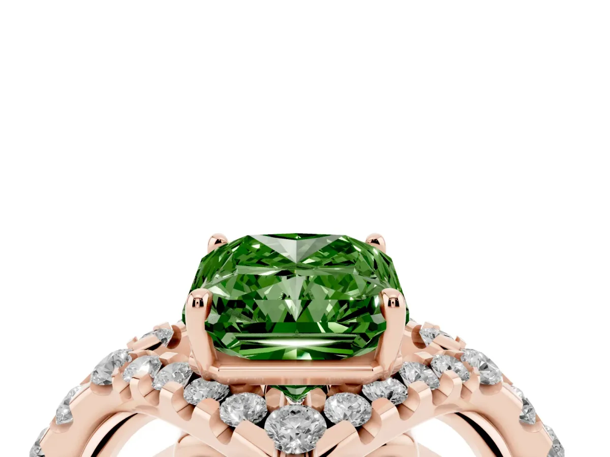Fancy Green Radiant Cut Diamond Solitaire Ring with Hidden Halo and Pavé Band Rose gold