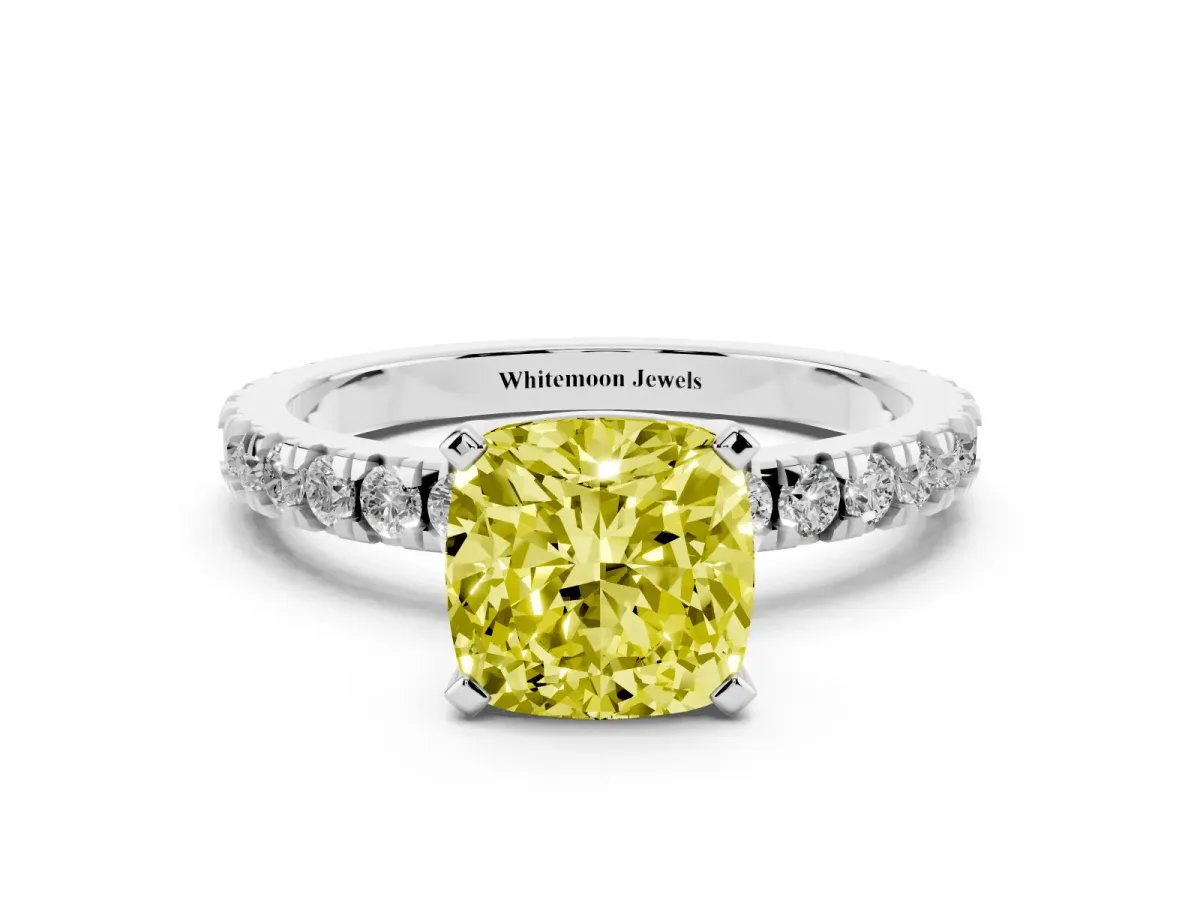 Fancy Yellow Cushion Cut Diamond Pavé Band Solitaire with Four-Prong Setting Silver