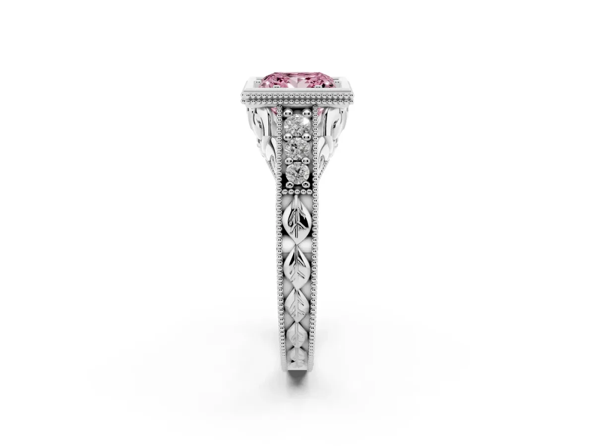 Fancy Pink Bezel Set Princess Cut Diamond Milgrain Pave Engagement Ring Platinum