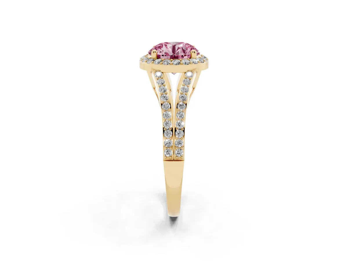 Fancy Pink Round Cut Halo Split Shank Pave Diamond Ring with Four-Prong Setting Yellow gold