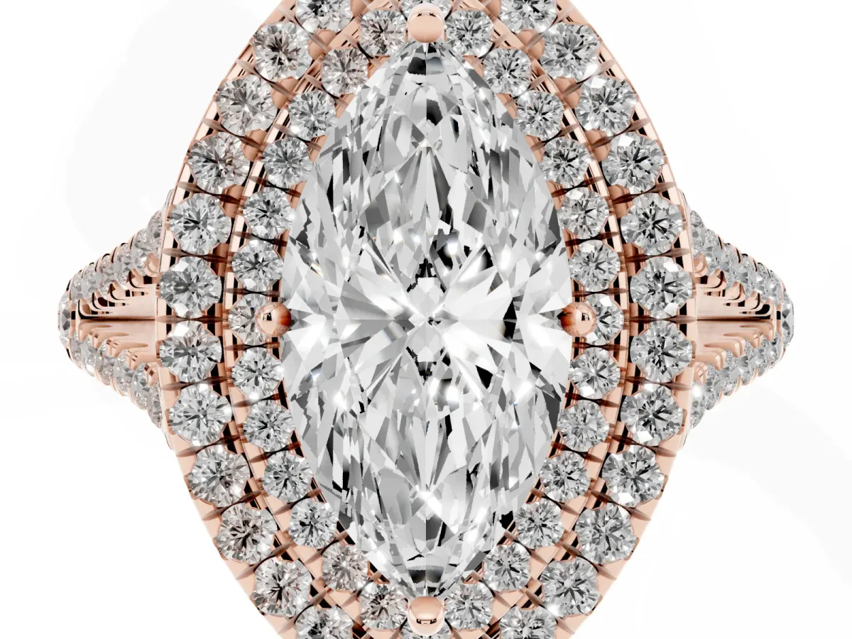 Marquise Cut Diamond Double Halo Ring with Pavé Band and Prong Setting Rose gold