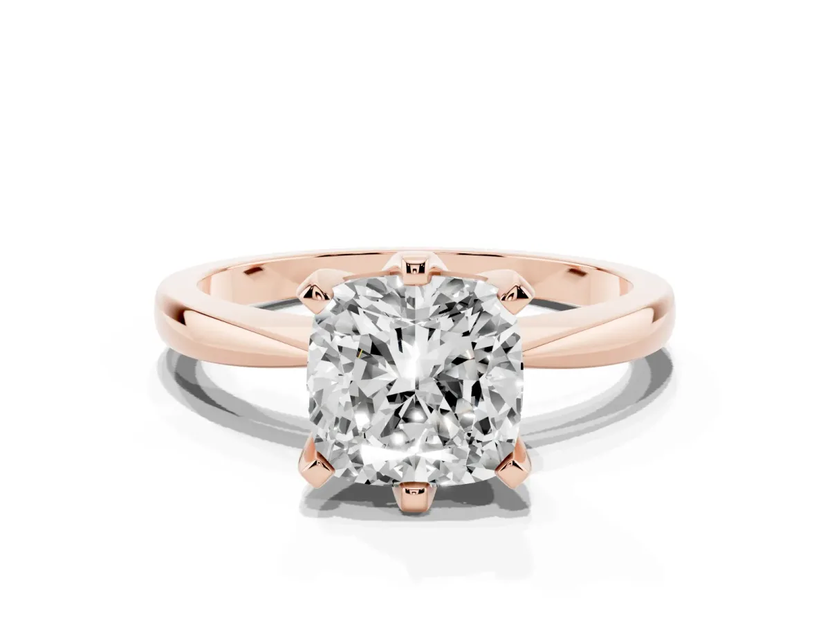 Cushion Cut Solitaire Engagement Ring with Six-Prong Setting and Tapered Band Rose gold