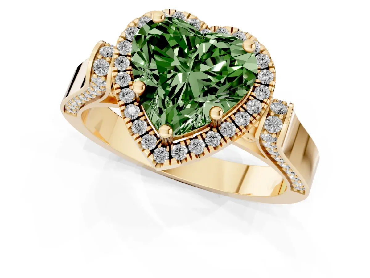 Fancy Green Heart Cut Halo Round Diamond Twist Band with Four-Prong Setting Yellow gold