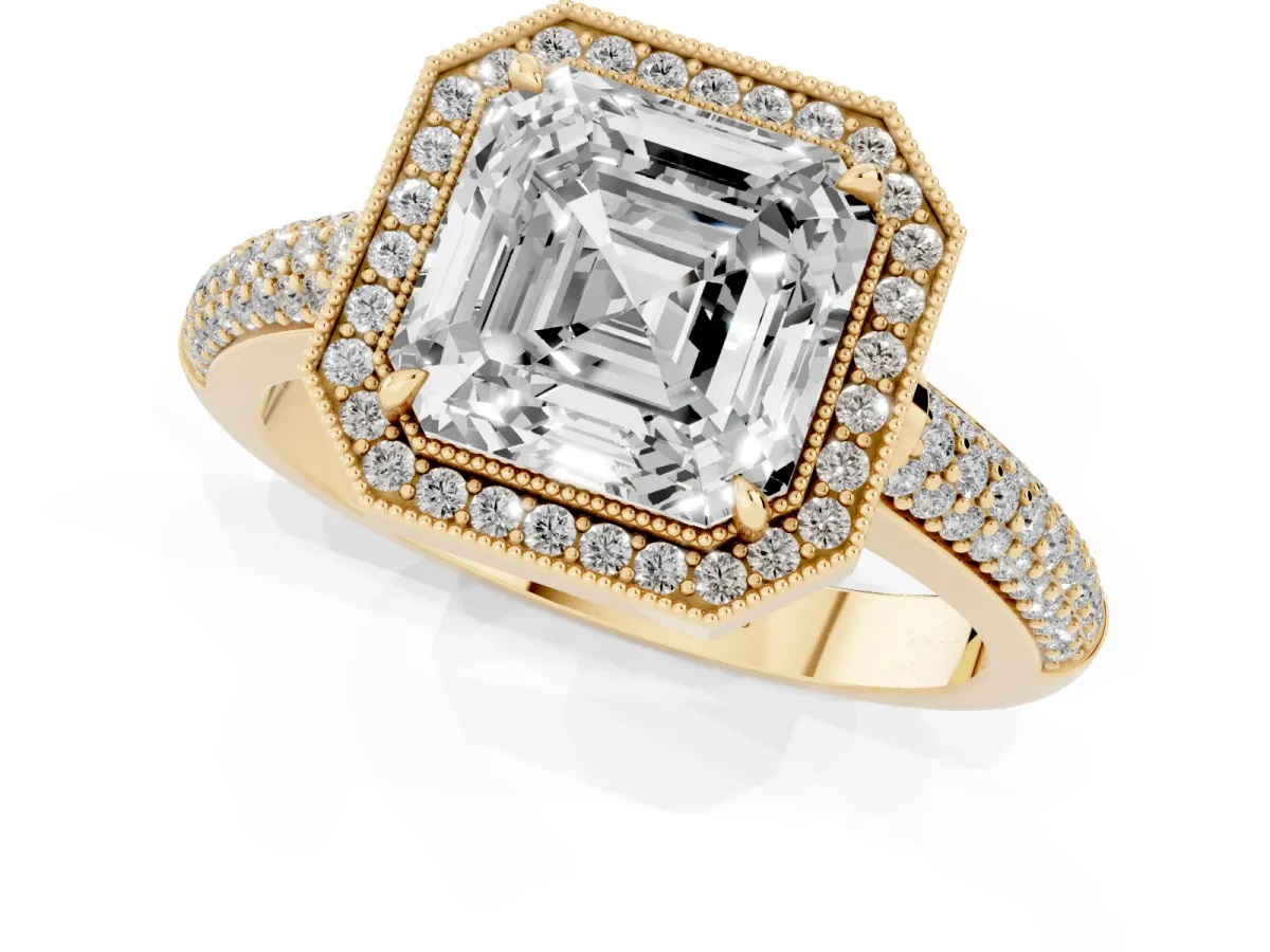 Asscher Cut Cut Halo Diamond Pave Band with Four-Prong Setting Yellow gold
