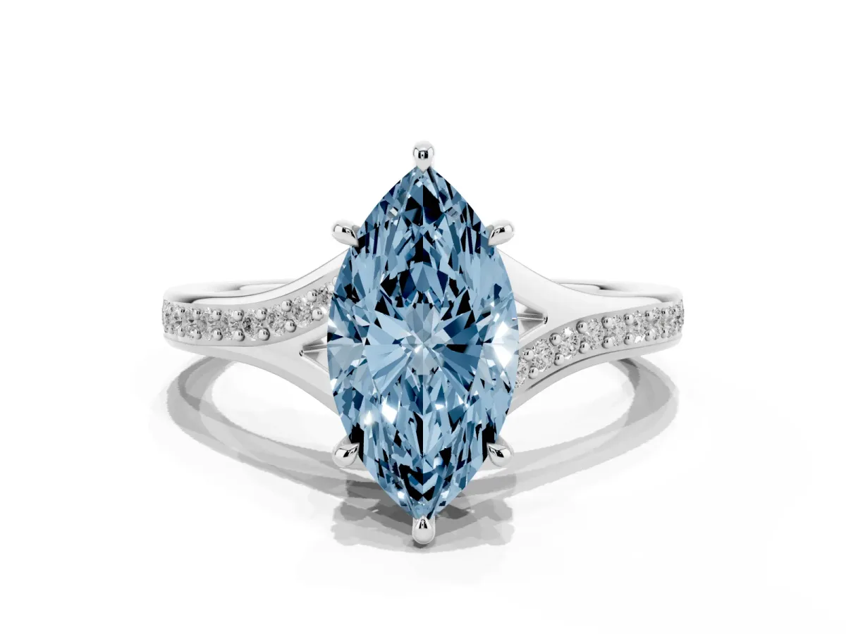 Fancy Blue Marquise Cut Diamond Solitaire Ring with Pavé Band and Prong Setting Silver