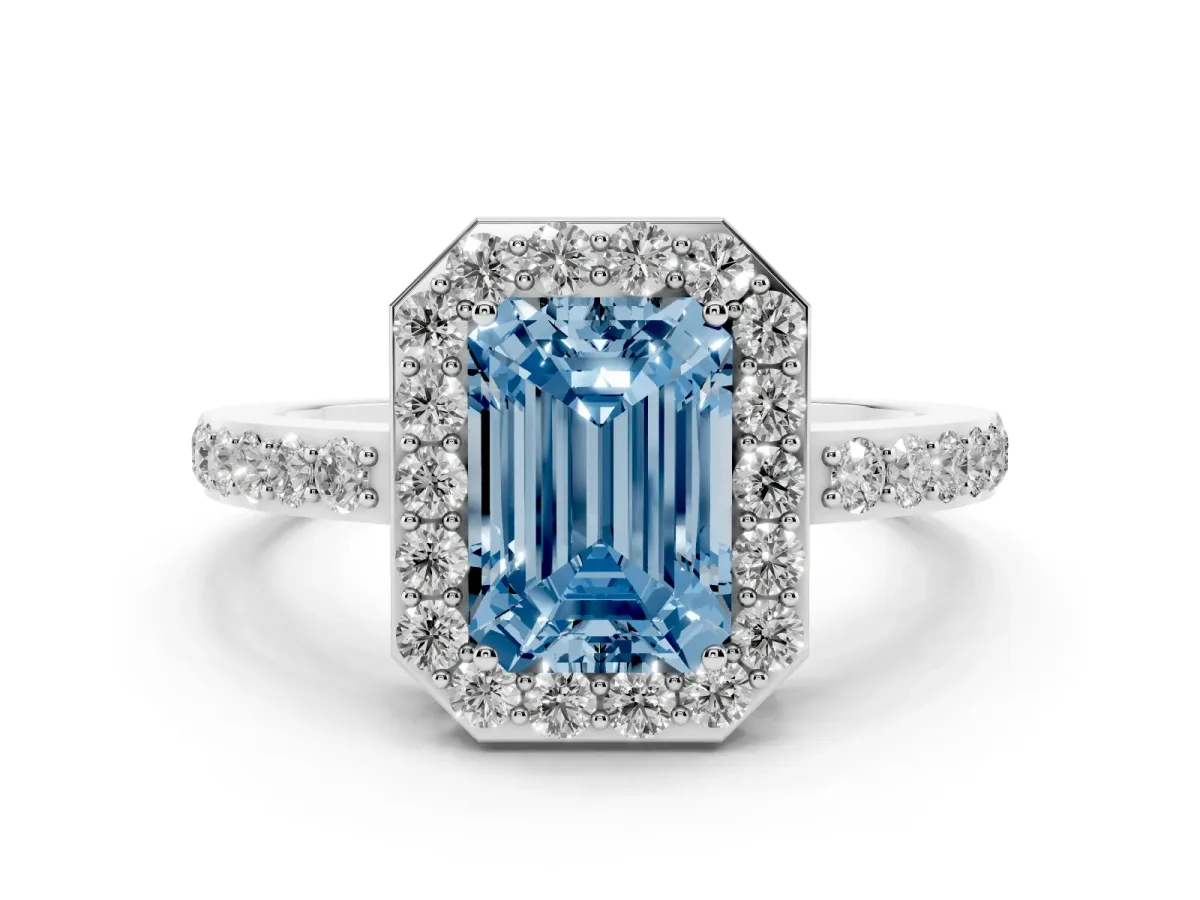 Fancy Blue Emerald Cut Halo Diamond Pavé Band Ring with Prong Setting Platinum