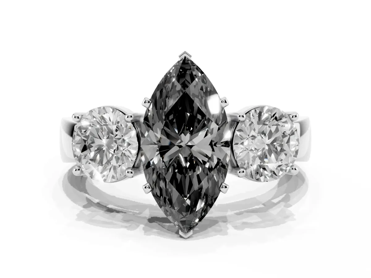 Fancy Black Three-Stone Marquise Cut Diamond Ring with Round Side Stones, Classic Band, and Four-Prong Setting Silver
