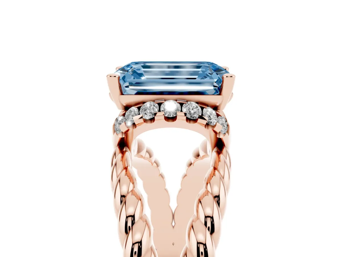 Fancy Blue Emerald Cut Halo Twisted Band Four-Prong Ring Rose gold