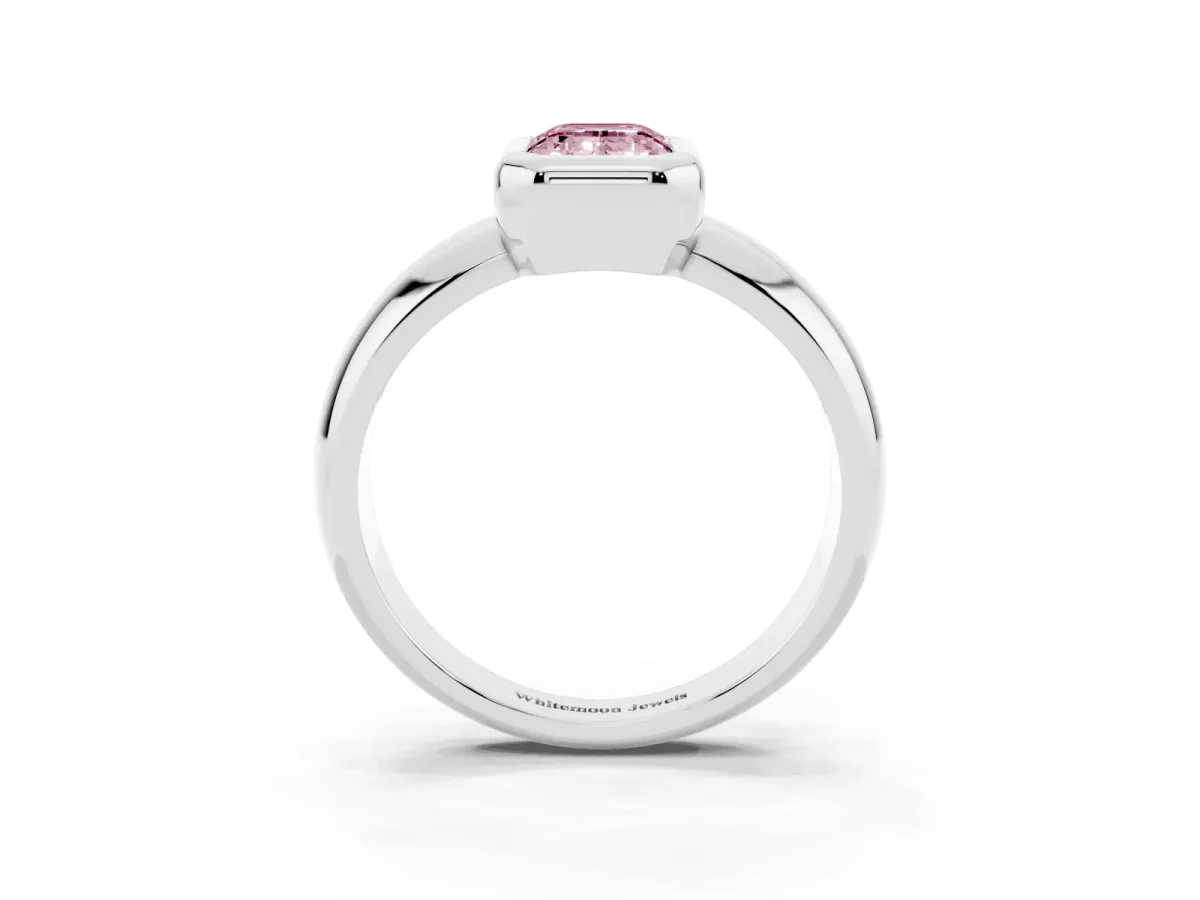 Fancy Pink Bezel Set Emerald Cut Solitaire Ring with Wide Band White gold