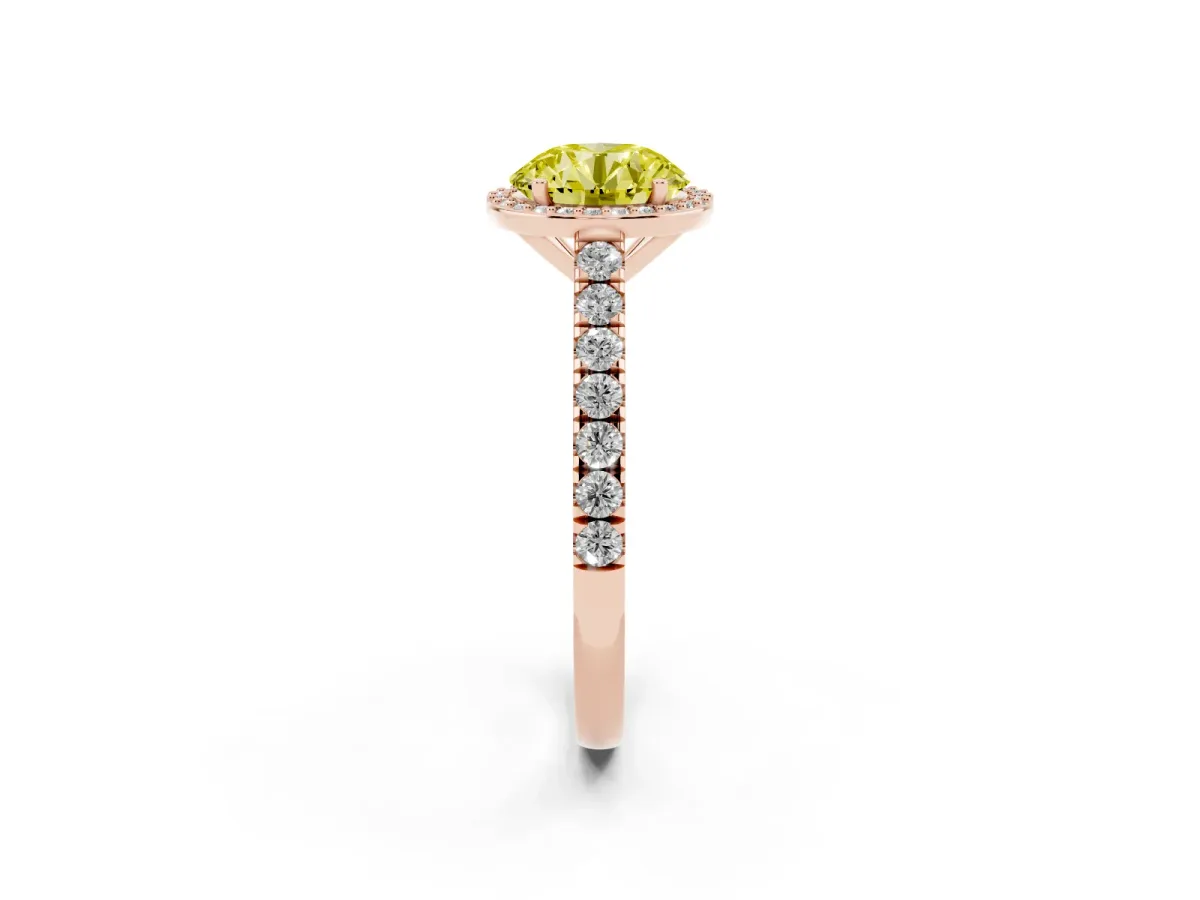Fancy Yellow Round Cut Cut Halo Diamond Engagement Ring with Pave Band and Four-Prong Setting Rose gold