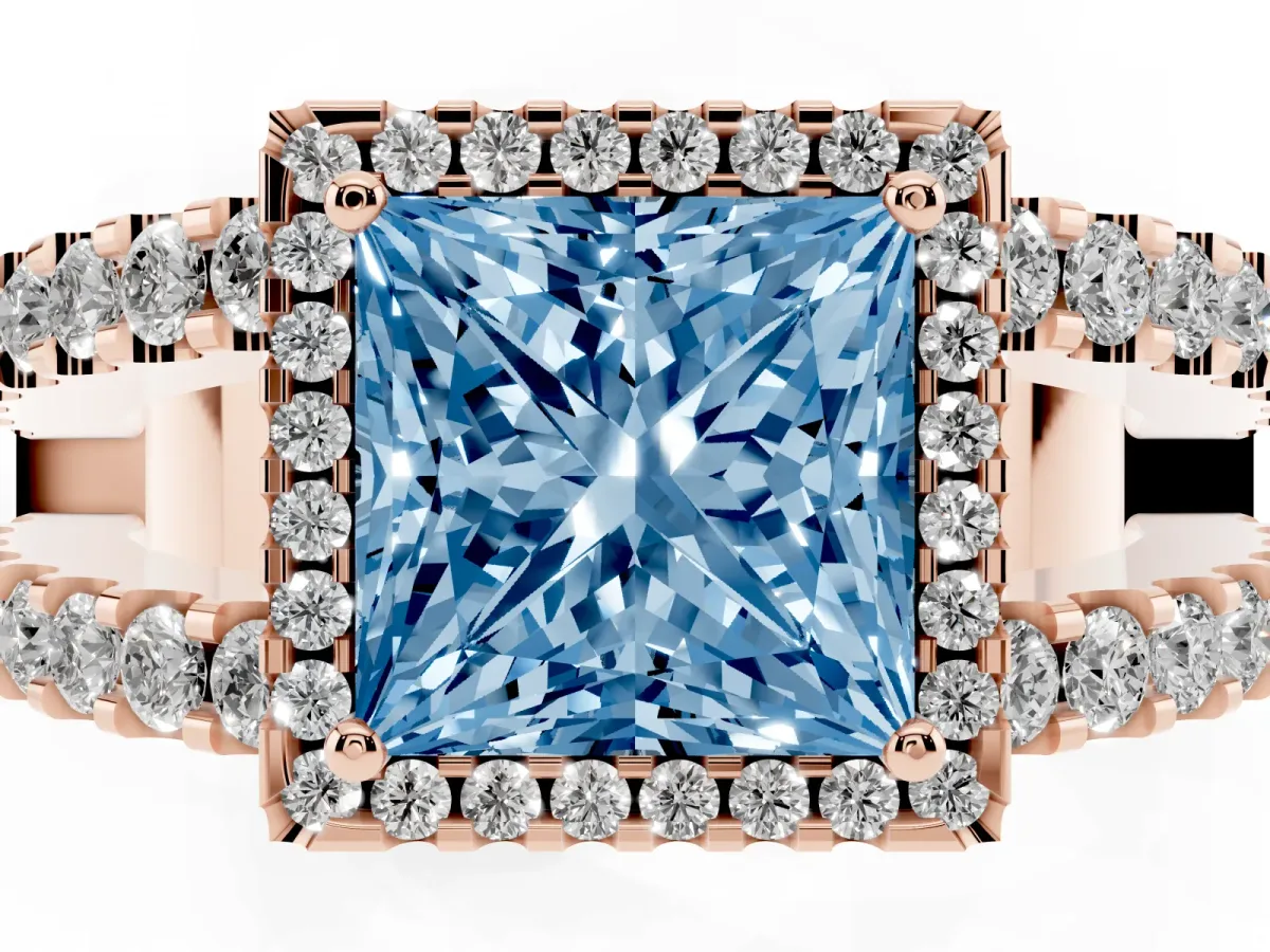 Fancy Blue Princess Cut Cut Halo Split Shank Diamond Ring with Four-Prong Setting Rose gold