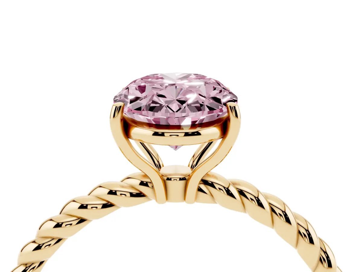 Fancy Pink Oval Cut Solitaire Twisted Band 4-Prong Ring Yellow gold