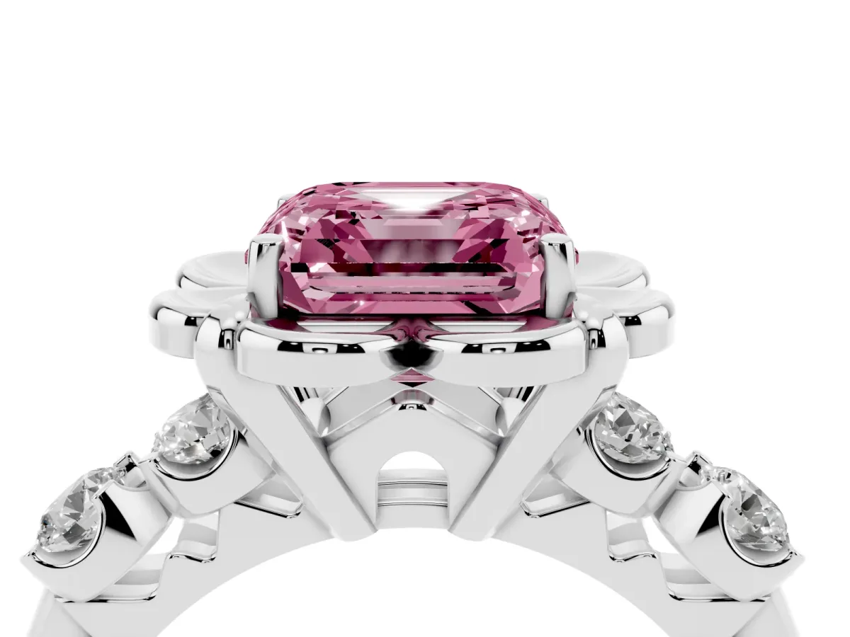 Fancy Pink Asscher Cut Cut Diamond Floral Halo Engagement Ring with Shared Prong Setting Silver