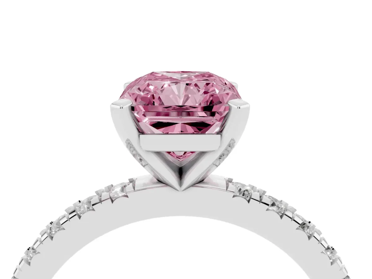 Fancy Pink Radiant Cut Diamond Pavé Band Solitaire with Four-Prong Setting Silver