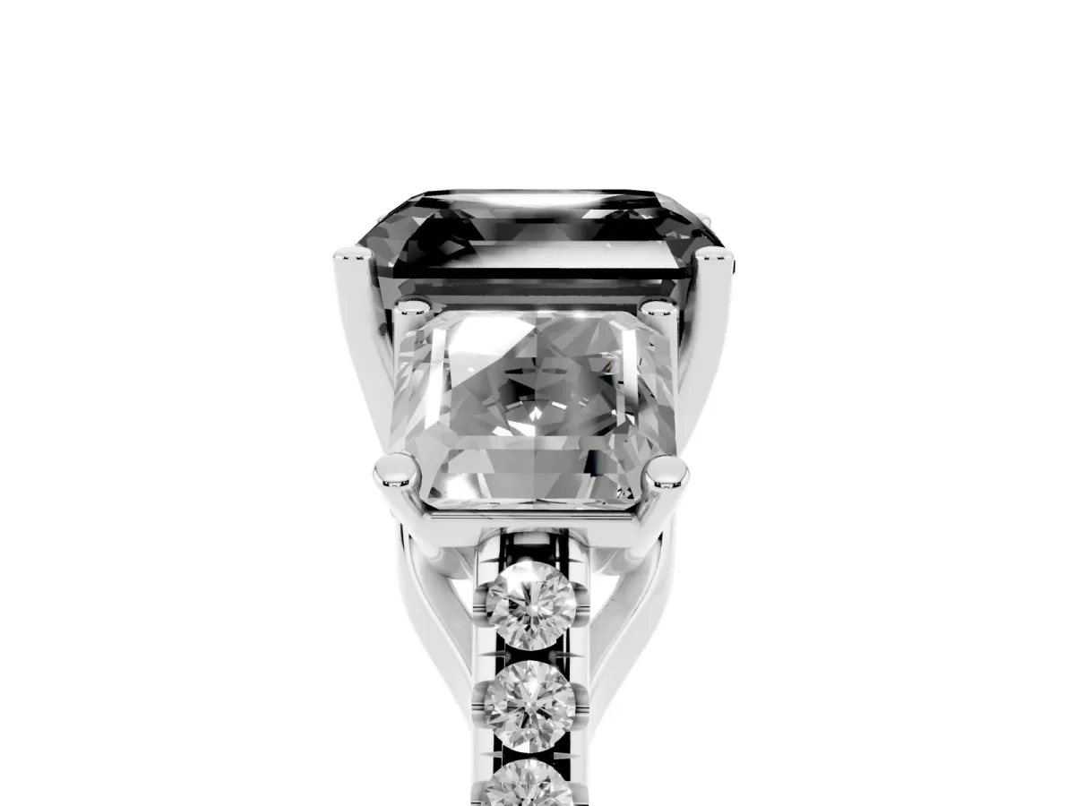 Fancy Black Three-Stone Asscher Cut Diamond Ring with Round Pavé Band and Prong Setting Silver