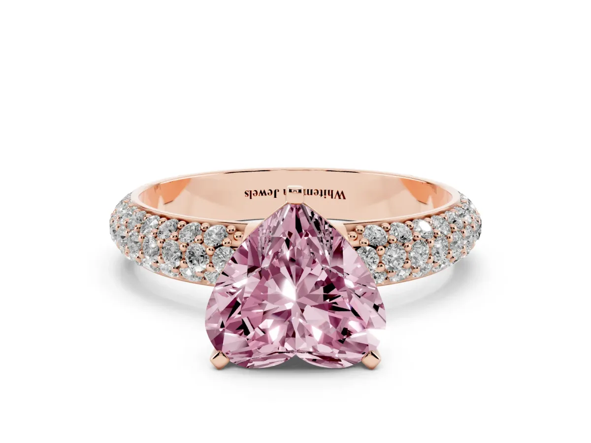 Fancy Pink Heart Cut Diamond Solitaire Ring with Prong Setting and Pavé Band Rose gold