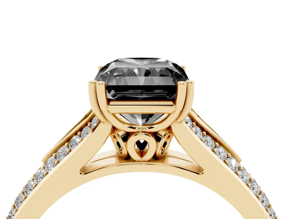 Fancy Black Radiant Cut Diamond Split Shank Engagement Ring with Pavé Band Yellow gold