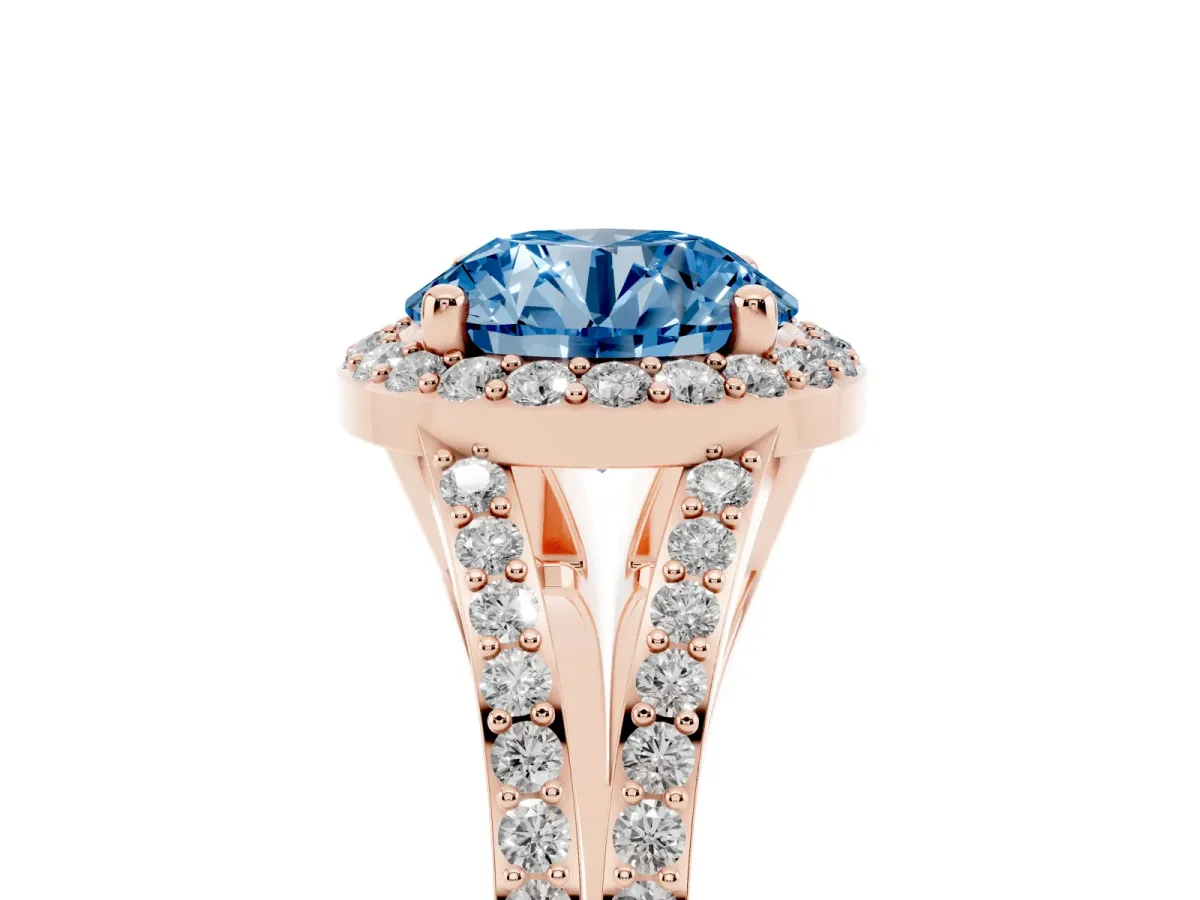 Fancy Blue Round Cut Halo Split Shank Pave Diamond Ring with Four-Prong Setting Rose gold