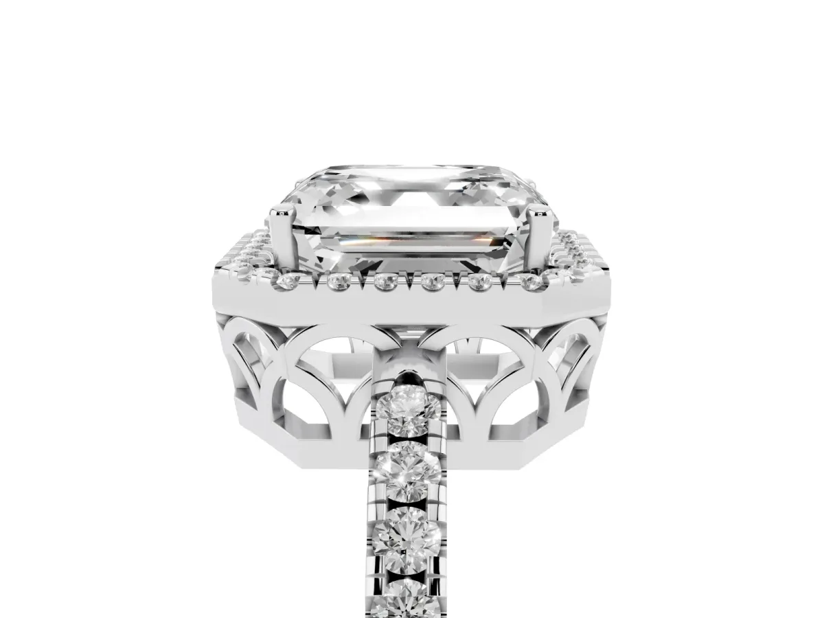 Asscher Cut Halo Diamond Engagement Ring with Pavé Band and Four-Prong Setting Silver