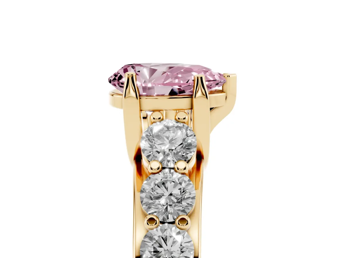 Fancy Pink Pear Cut Diamond Engagement Ring with Pavé Band and Four-Prong Setting Yellow gold