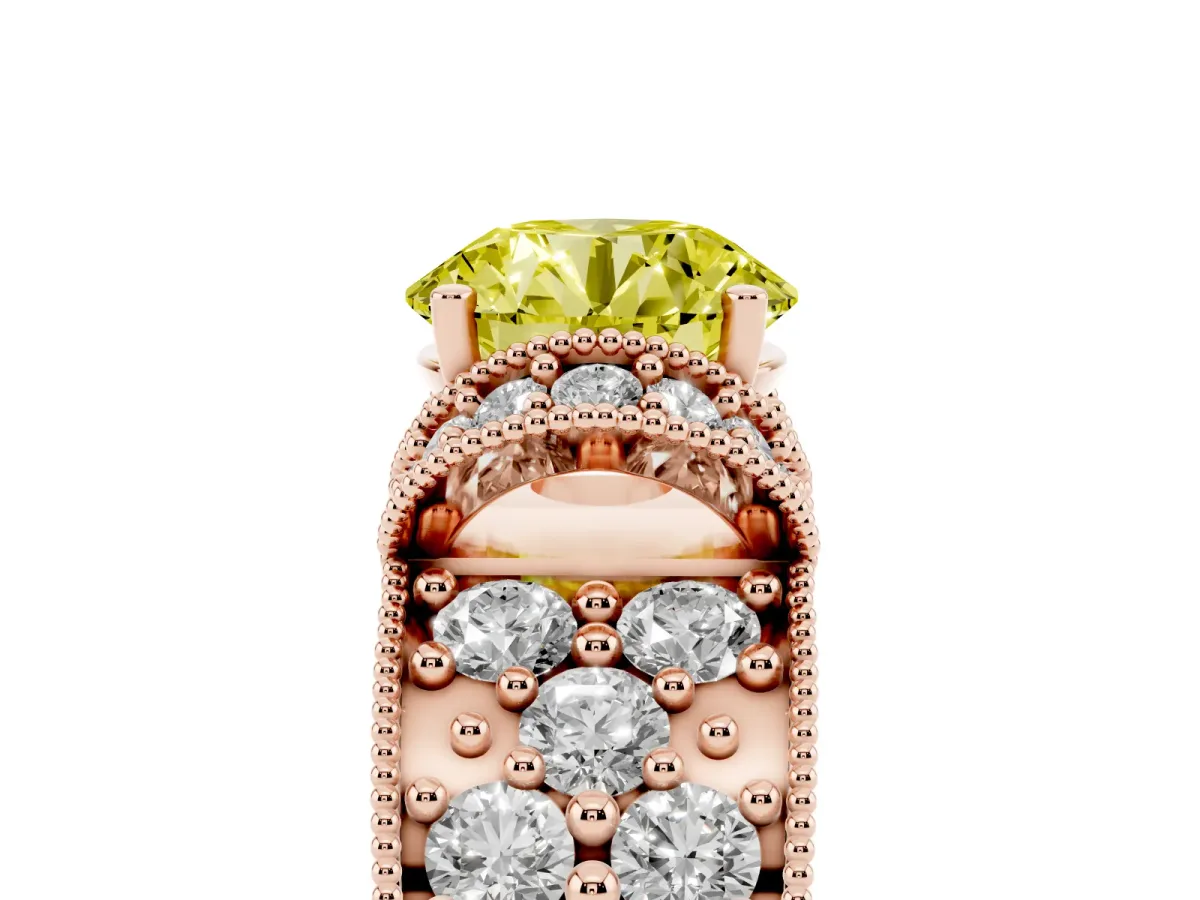 Fancy Yellow Round Cut Halo Pave Diamond Engagement Ring with Milgrain Detailing Rose gold