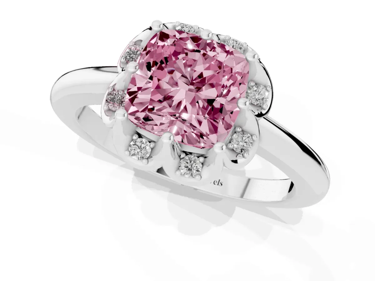 Fancy Pink Cushion Cut Halo Diamond Ring with Round Cluster Setting, Solitaire Band, and Four-Prong Setting Silver