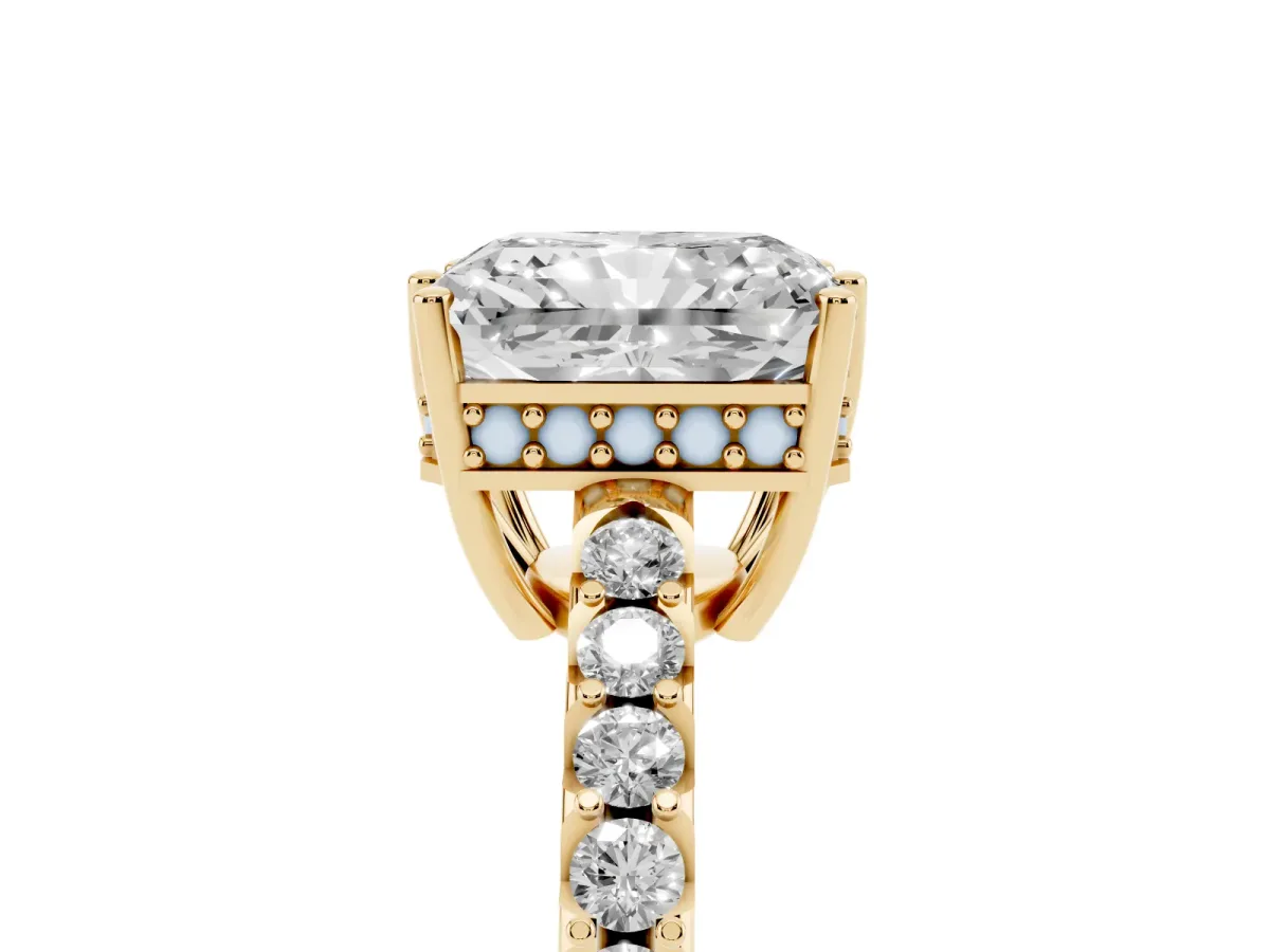 Radiant Cut Solitaire Diamond Engagement Ring with Pavé Band and Six-Prong Setting Yellow gold