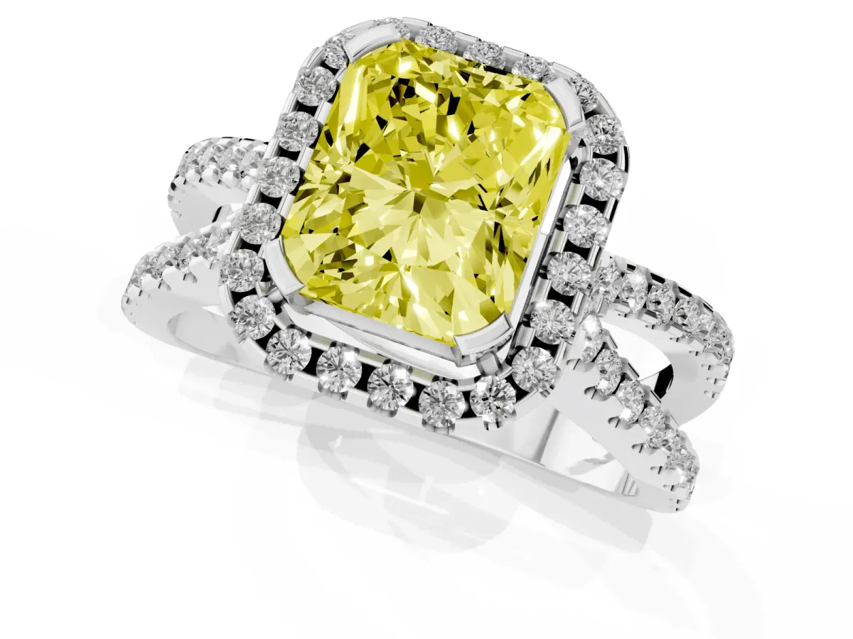 Fancy Yellow Radiant Cut Diamond Halo Ring with Split Shank Pavé Band and Prong Setting Silver