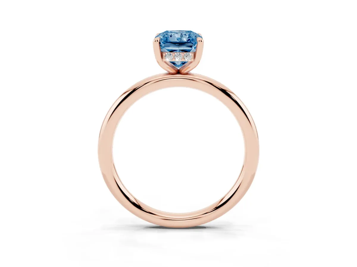 Fancy Blue Radiant Cut Diamond Solitaire Ring with Thin Band and Four-Prong Setting Rose gold