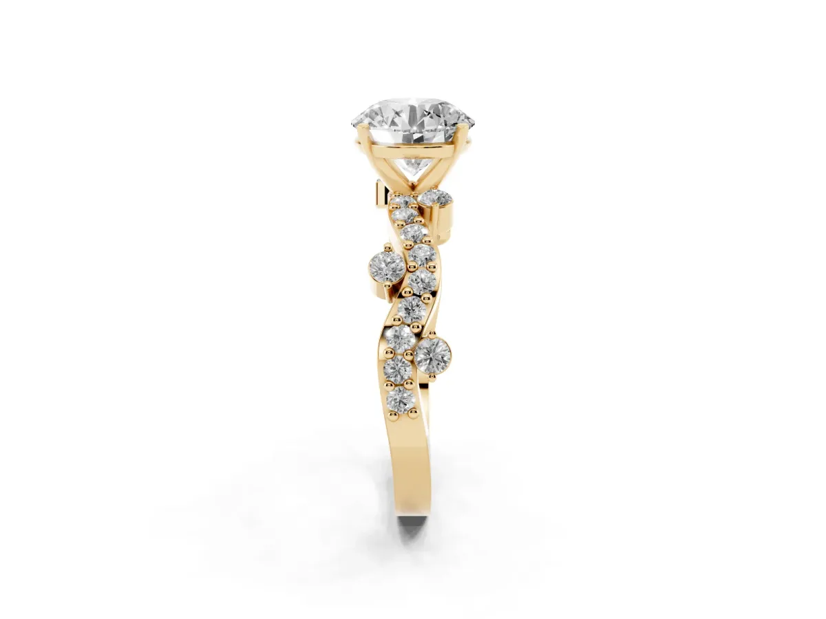 Round Cut Cut Solitaire Diamond Twisted Band with Pave Setting Yellow gold