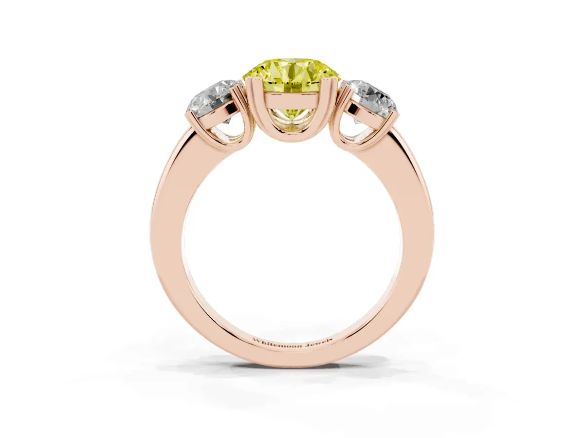 Fancy Yellow Three-Stone Round Cut Cut Diamond Ring with Channel Set Band and Four-Prong Setting Rose gold