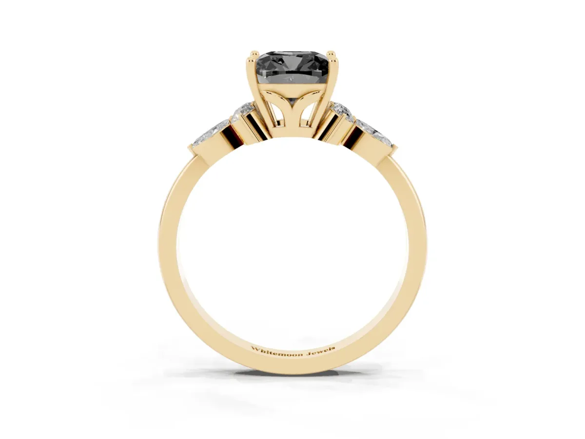 Fancy Black Cushion Cut Brilliant Diamond Solitaire Ring with Pear Side Stones and Four-Prong Setting Yellow gold
