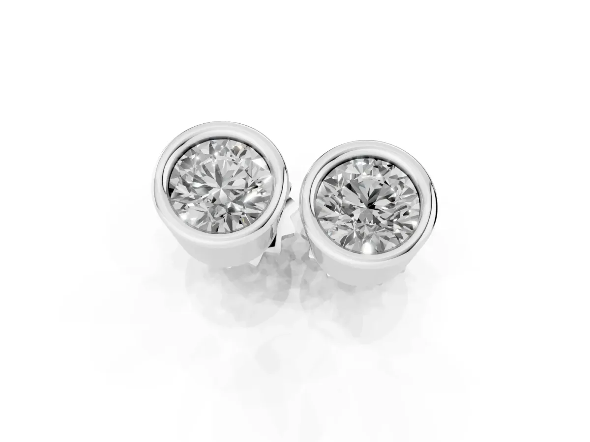 Bezel Set Round Diamond Stud Earrings with Push Back Silver