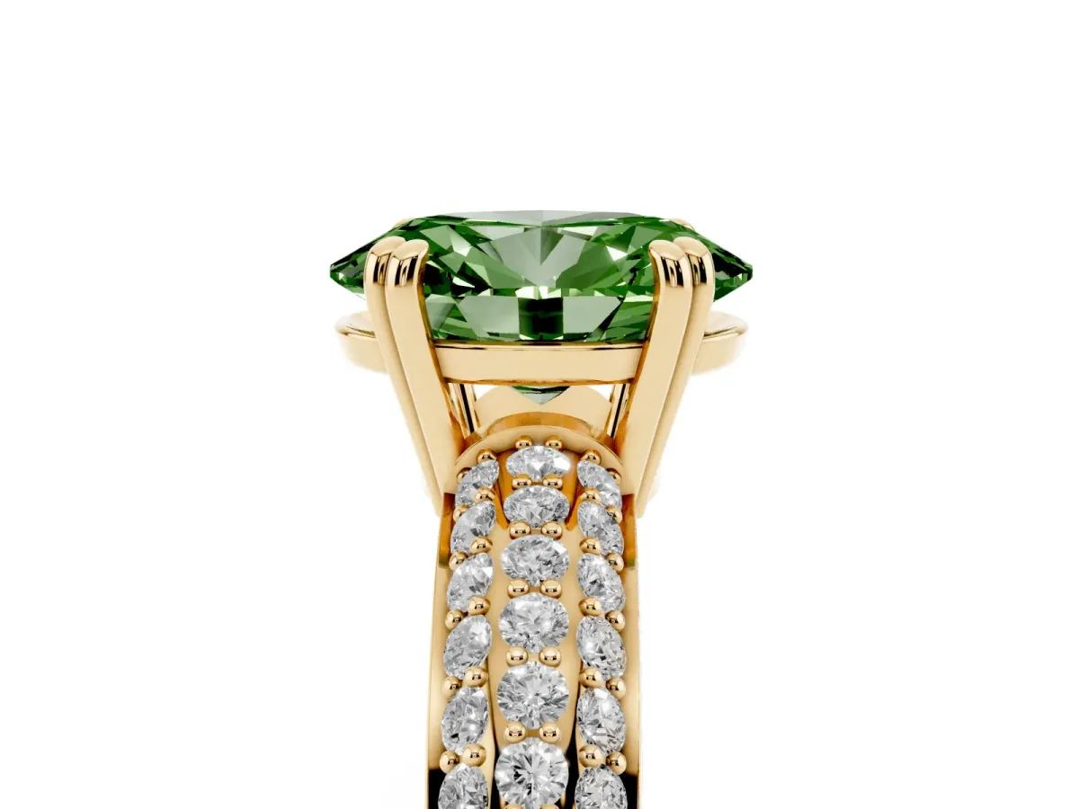 Fancy Green Oval Cut Diamond Solitaire Ring with Multi-Row Round Pavé Band and Prong Setting Yellow gold
