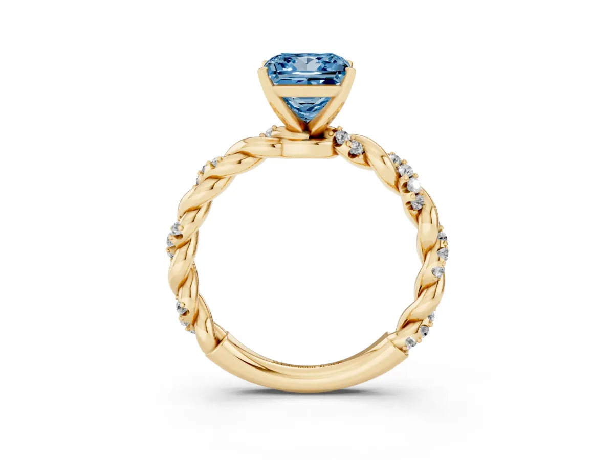 Fancy Blue Princess Cut Diamond Solitaire Ring with Twisted Band and Pavé Accents Yellow gold