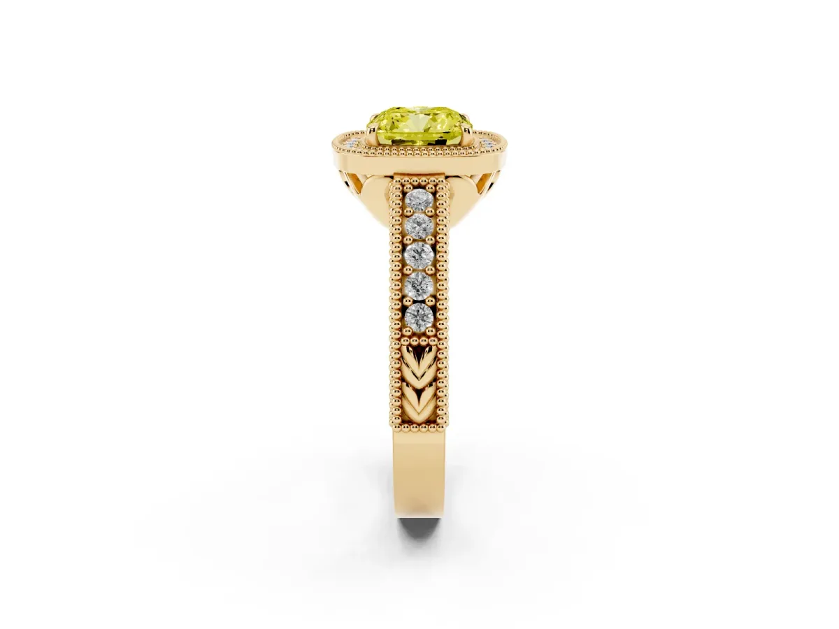 Fancy Yellow Cushion Cut Cut Halo Diamond Ring with Pavé Band and Four-Prong Setting Yellow gold