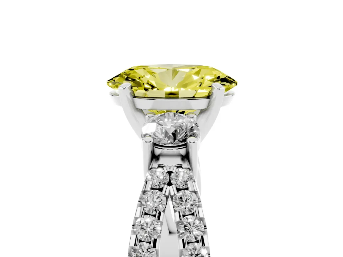 Fancy Yellow Oval Cut Diamond Three-Stone Ring with Pavé Split Shank and Four-Prong Setting Silver