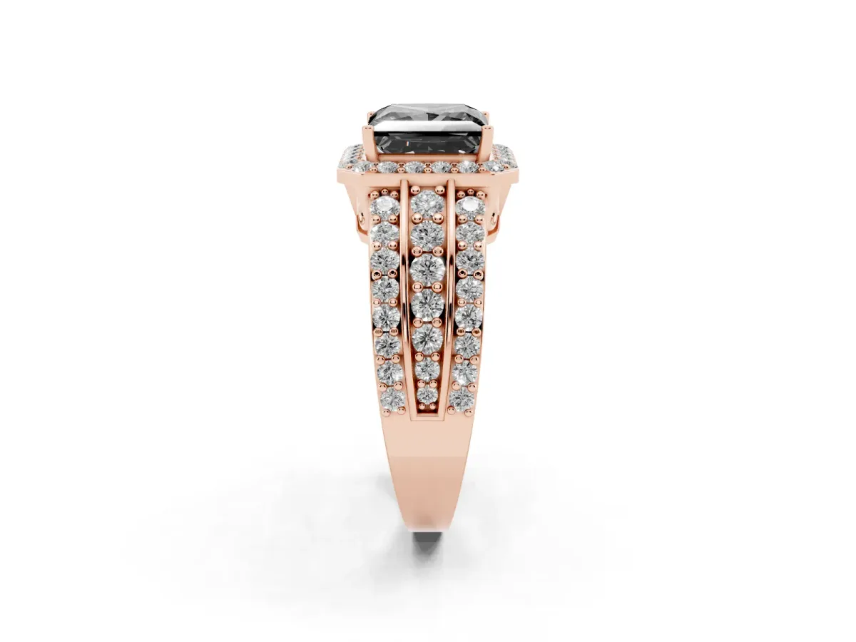 Fancy Black Princess Cut Halo Diamond Ring with Round Split Shank and Prong Setting Rose gold