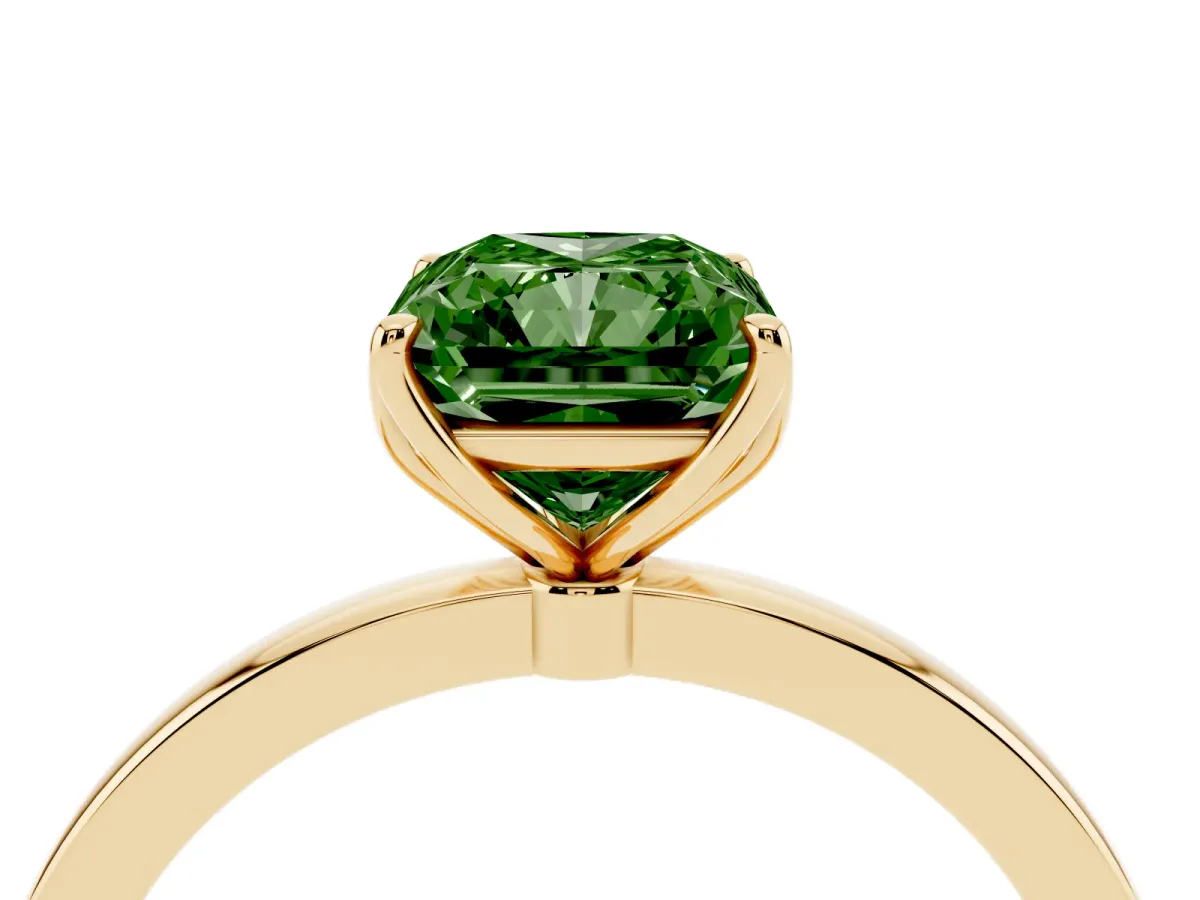 Fancy Green Radiant Cut Diamond Solitaire Ring with Thin Band and Prong Setting Yellow gold