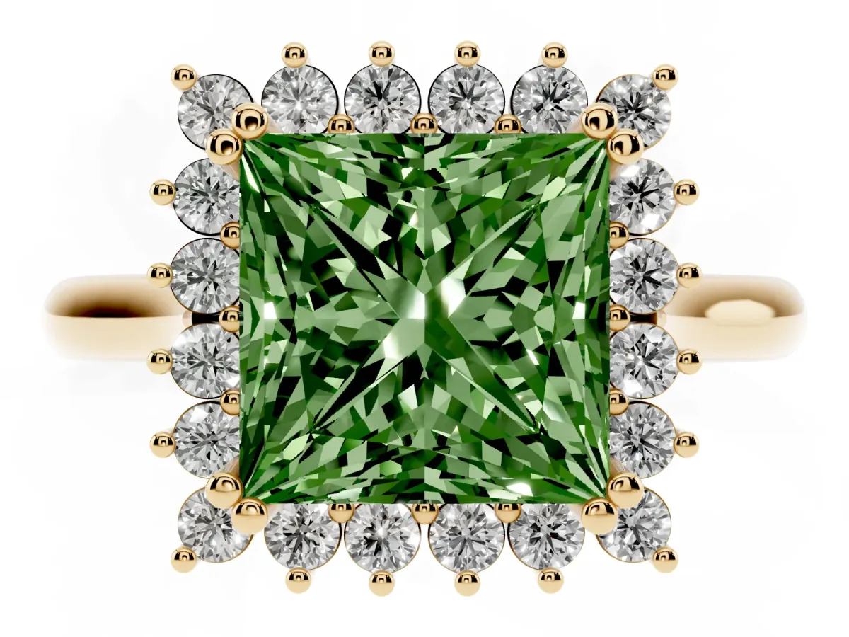 Fancy Green Princess Cut Cut Diamond Halo Ring with Solitaire Band and Prong Setting Yellow gold