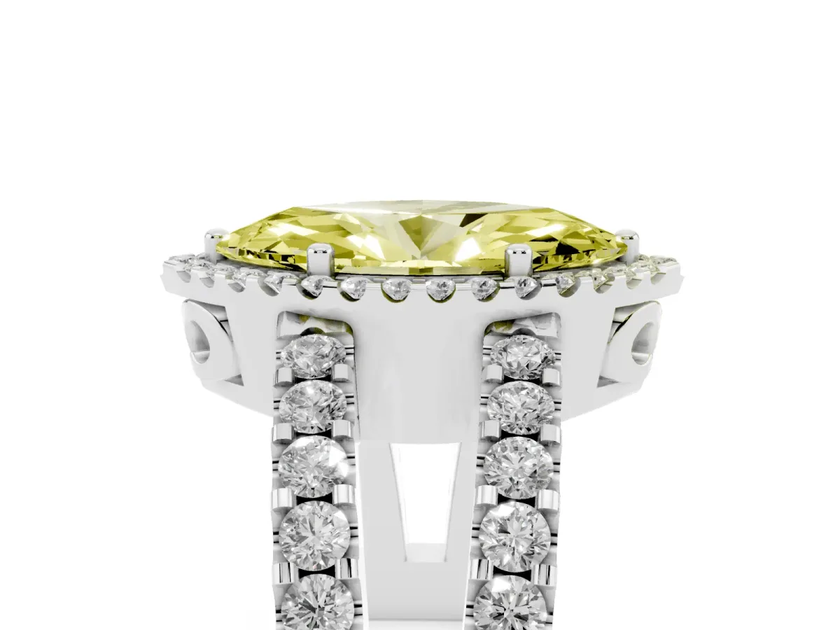 Fancy Yellow Marquise Cut Cut Halo Split Shank Diamond Ring with Four-Prong Setting Platinum