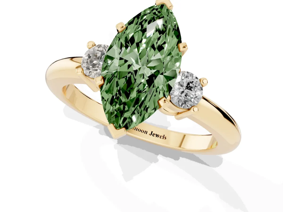 Fancy Green Three-Stone Marquise Cut Cut Diamond Solitaire with Prong Setting and Classic Band Yellow gold