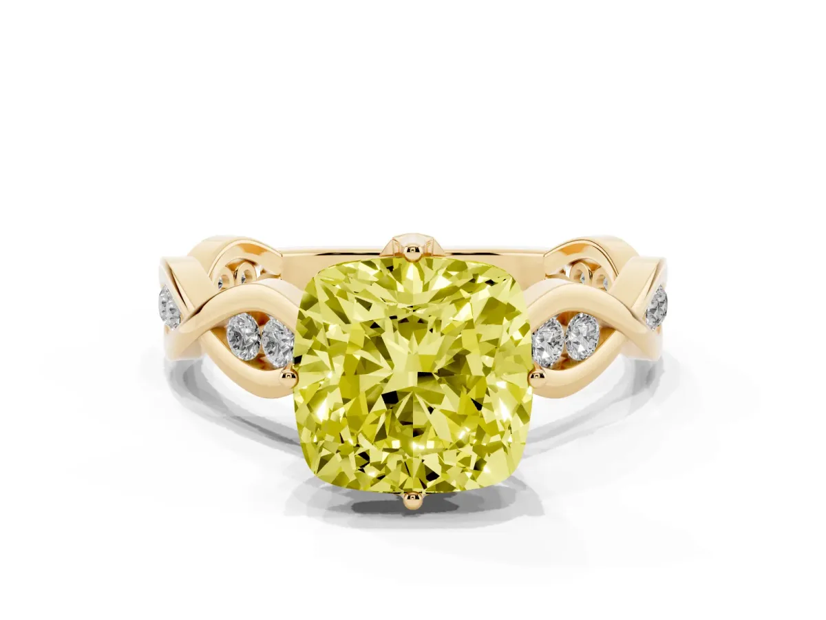Fancy Yellow Cushion Cut Solitaire Twist Band with Leaf Prong Setting Yellow gold