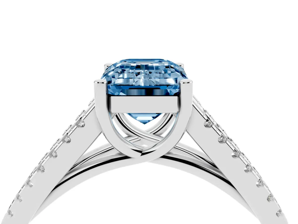 Fancy Blue Emerald Cut Diamond Solitaire Engagement Ring with Split Shank Pavé Band Platinum