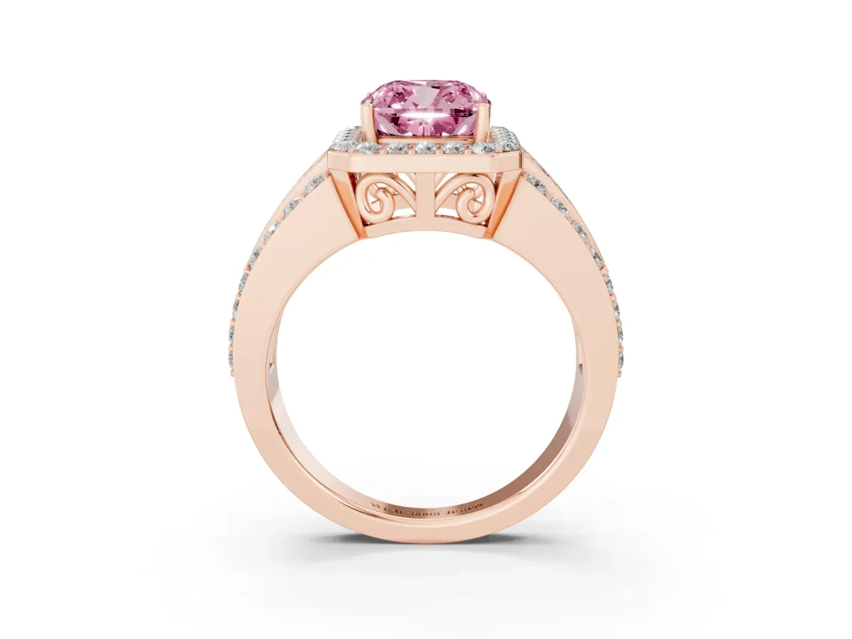 Fancy Pink Cushion Cut Halo Diamond Ring with Round Split Shank and Prong Setting Rose gold