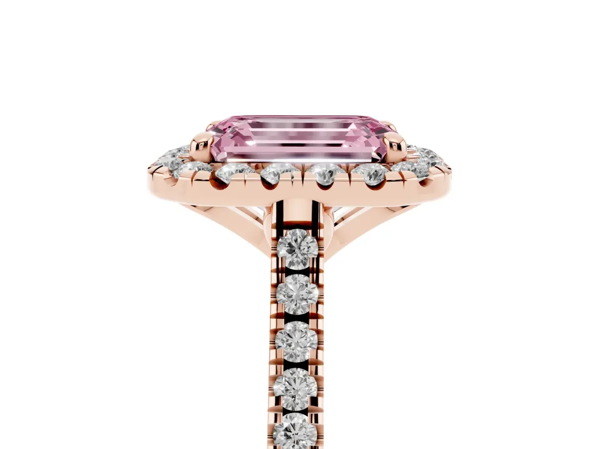 Fancy Pink Emerald Cut Diamond Cushion Halo Ring with Pavé Band Rose gold