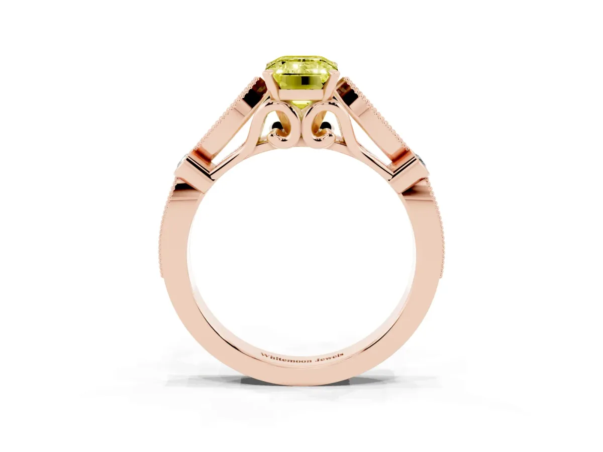 Fancy Yellow Emerald Cut Cut Diamond with Milgrain Marquise and Bezel Accents on a Solitaire Band with Prong Setting Rose gold