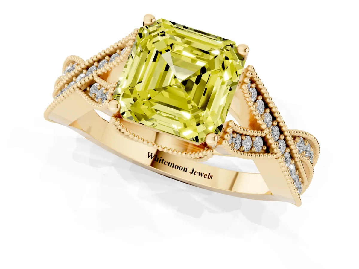 Fancy Yellow Asscher Cut Cut Diamond Twisted Band with Milgrain Pave Setting and Four-Prong Setting Yellow gold