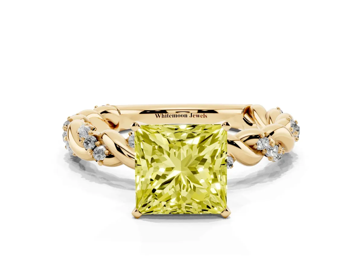 Fancy Yellow Princess Cut Diamond Solitaire Ring with Twisted Band and Pavé Accents Yellow gold